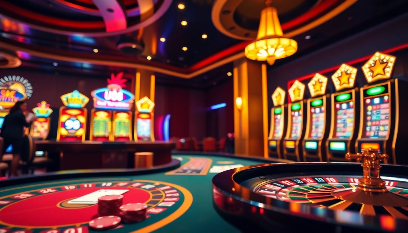 Thrilling gaming experience at UU88 casino with poker tables, slots, and roulette.