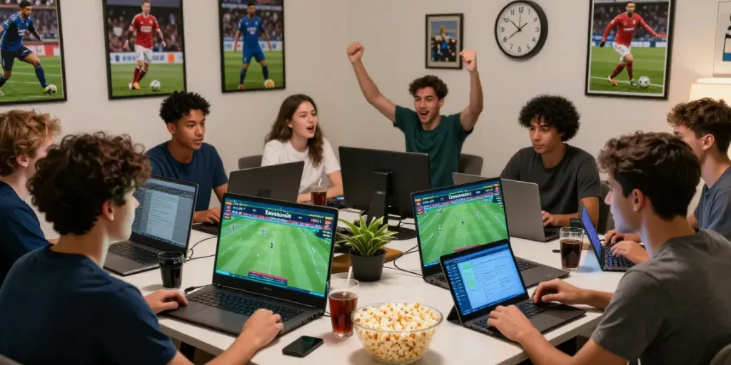 Friends engaged in interactive Kantorbola betting experience with computers and sports memorabilia.