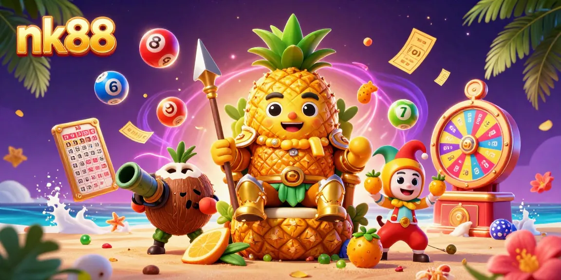Engage in thrilling slot action with nk88's golden pineapple king at a vibrant beach casino.