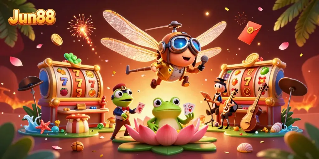 Experience thrilling casino action at Jun88 with vibrant characters and immersive gaming elements.