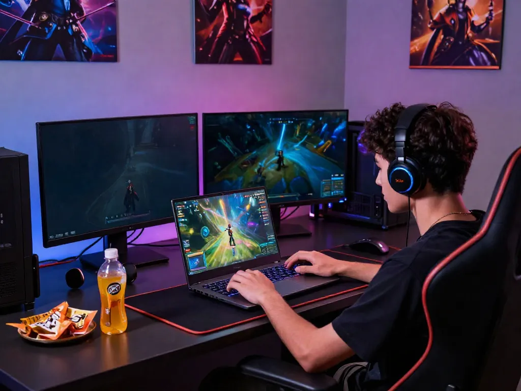 Pengaturan permainan modern dengan pemain menikmati qqgobet di laptop gaming.