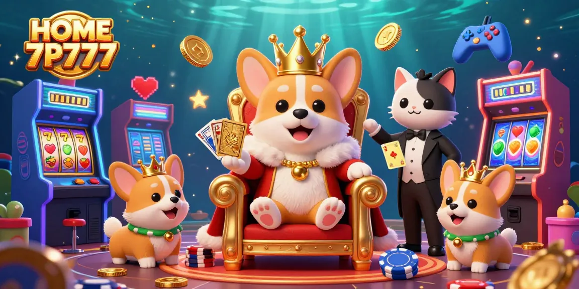 Play exciting games at HOME 7P777, featuring vibrant slots, a royal corgi, and captivating game elements.
