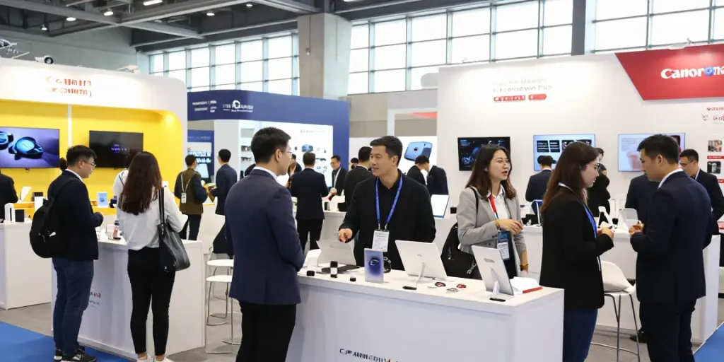Expositores dalam pameran menunjukkan berbagai stan inovatif dengan pengunjung terlibat aktif.