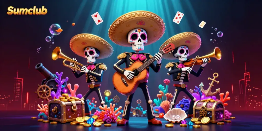 Celebrate winning at Sumclub with a dynamic 3D mariachi scene full of colorful casino elements.