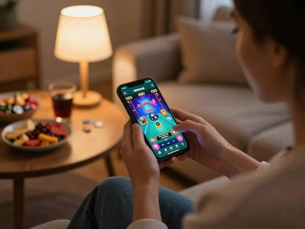 Person playing on the 79club casino app in a cozy living room, highlighting online gaming.
