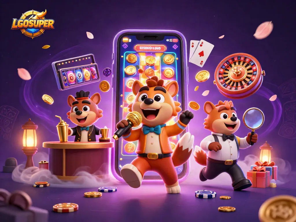 Engage in LGOSUPER with a dynamic 3D casino scene filled with hyenas, slot games, and vibrant colors.