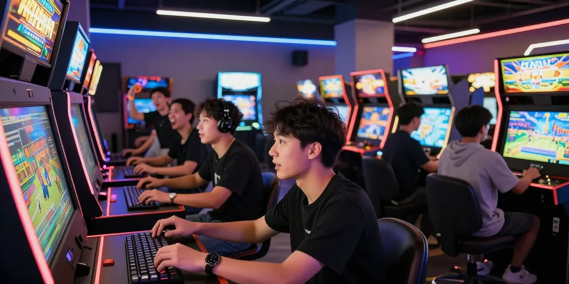 Penggemar bermain sniperslot di arcade modern dengan suasana ceria.