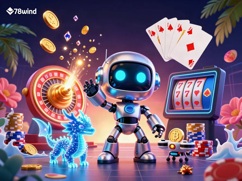 Experience the thrill of 78wind as a cyberpunk robot and AI dragon embrace the casino world.