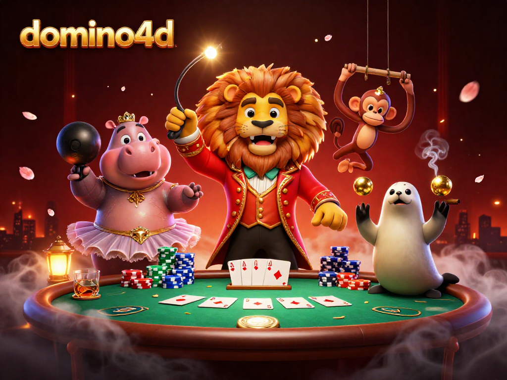 Mainkan permainan domino4d dengan ilustrasi 3D menarik yang menunjukkan karakter lucu dan elemen kasino.