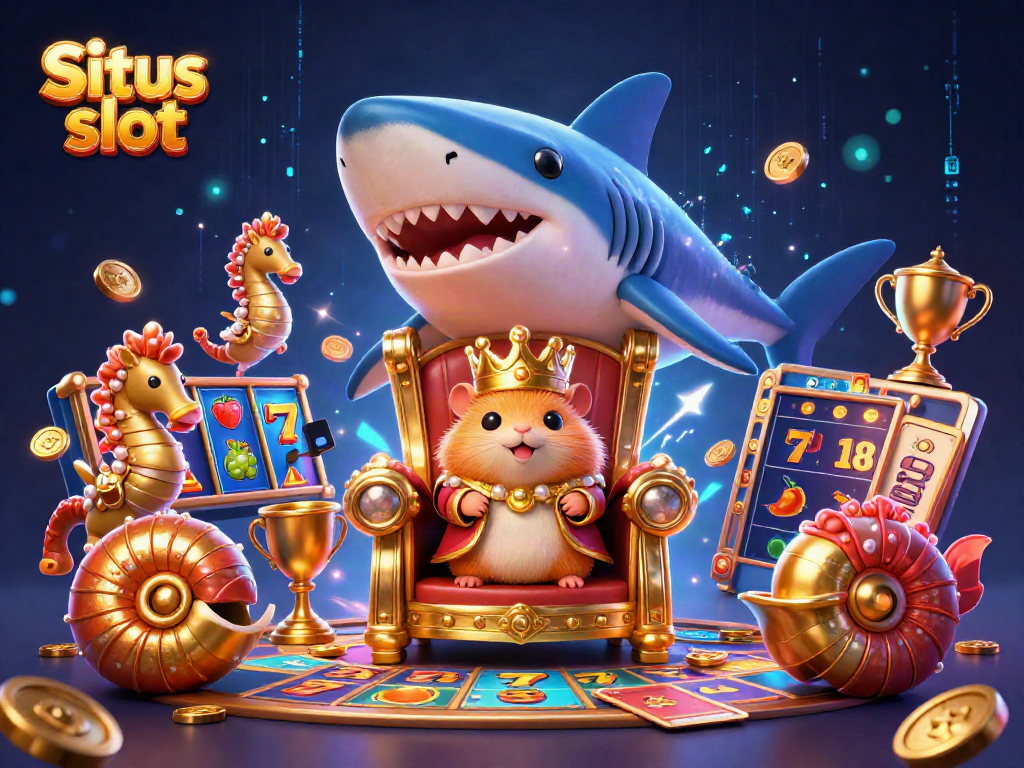 Menghadirkan Situs Slot dengan raja hamster emas, dijaga oleh kuda laut tempur yang bersinar, dalam ilustrasi kasino yang menawan.
