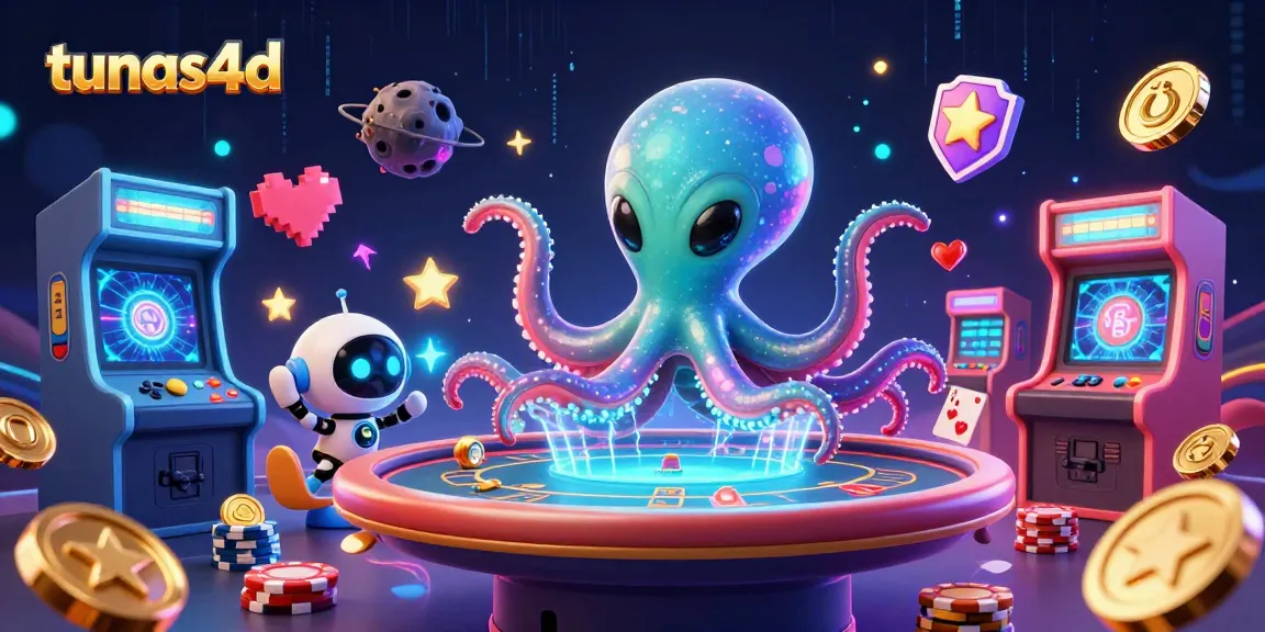 Engage with tunas4d's vibrant poker scene featuring an alien octopus and dynamic holographic elements.