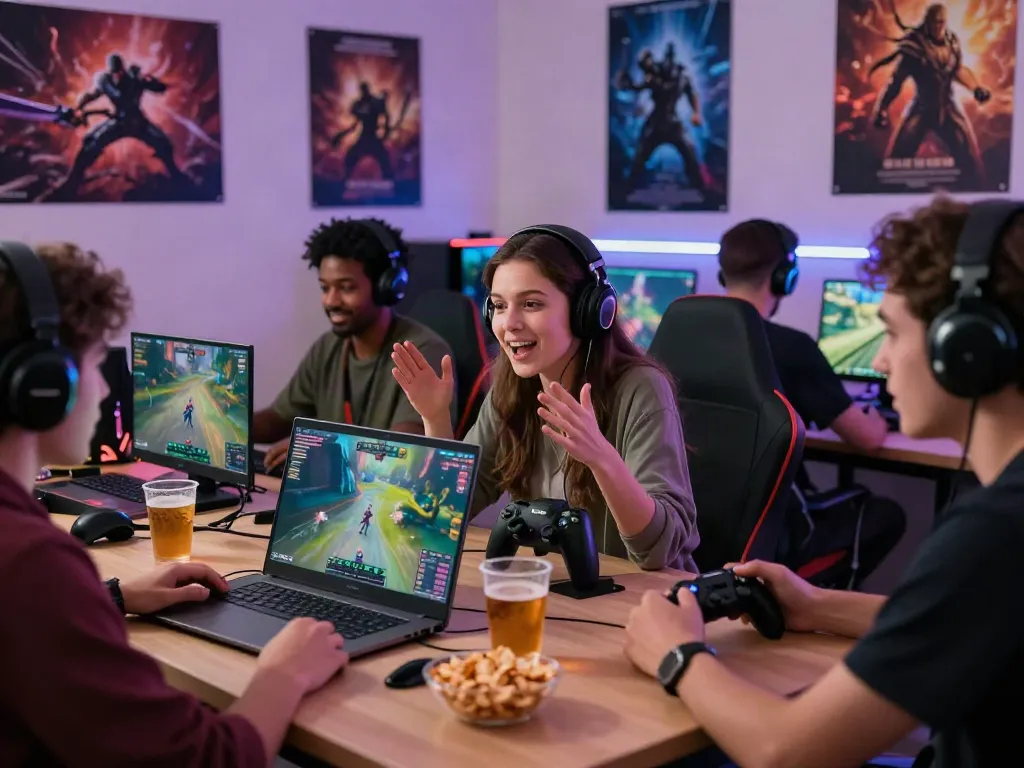 Suasana grup bermain game online di sekitar laptop dengan semangat dan makanan ringan, menggambarkan pengalaman totowin88 yang menyenangkan.