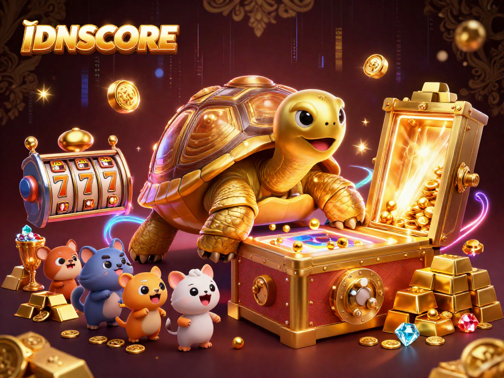 IDNSCORE offers thrilling gameplay with captivating slot machines and a golden tortoise pinball character.