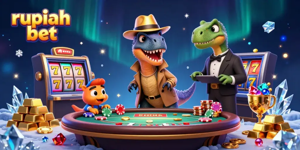 Enjoy thrilling gameplay at rupiah bet with a velociraptor card counter and colorful casino elements.