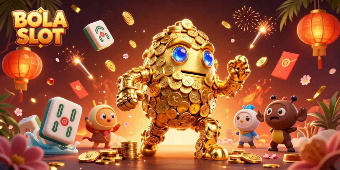 BOLA SLOT's thrilling scene featuring a golden golem and festive elements representing modern online slots.