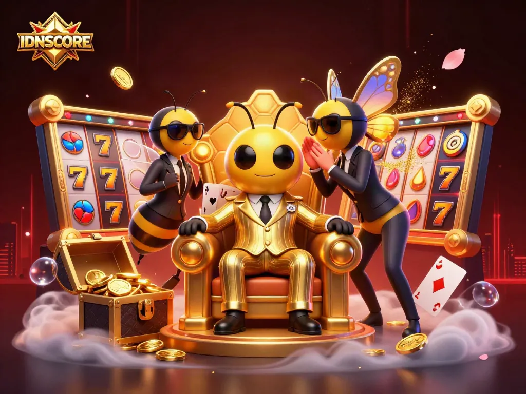 Engage in thrilling casino action with IDNSCORE's vibrant 3D cartoon art featuring a mob boss and gaming elements.