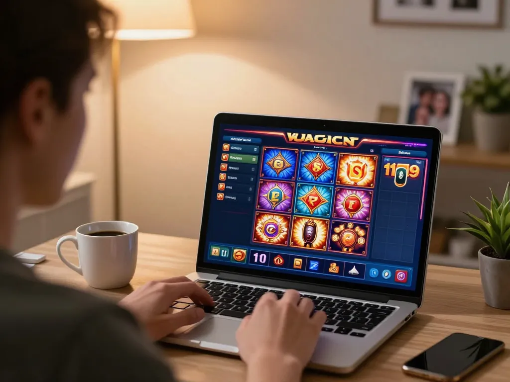 Engaging in online slot games at home on a laptop with Indrabet interface