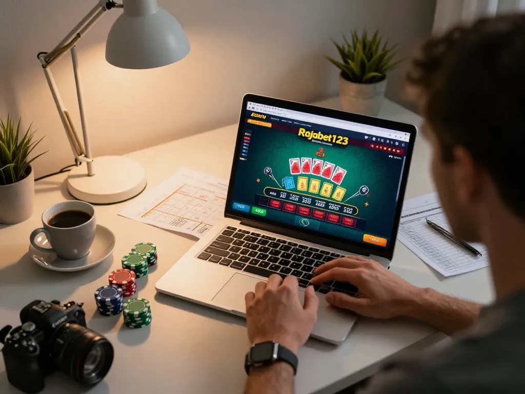 Engaging with Rajabet123 during live dealer baccarat session on laptop at home, showcasing strategic gaming elements.
