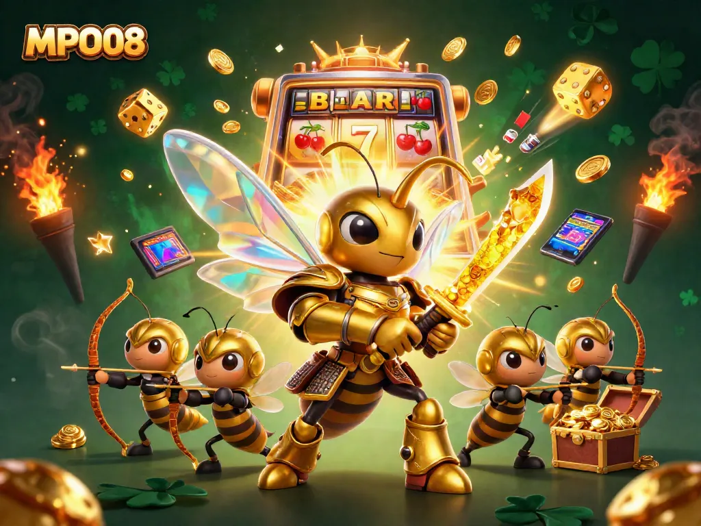 MPO08 showcases an epic 3D scene with a golden hornet samurai and vibrant casino elements celebrating winning jackpots.