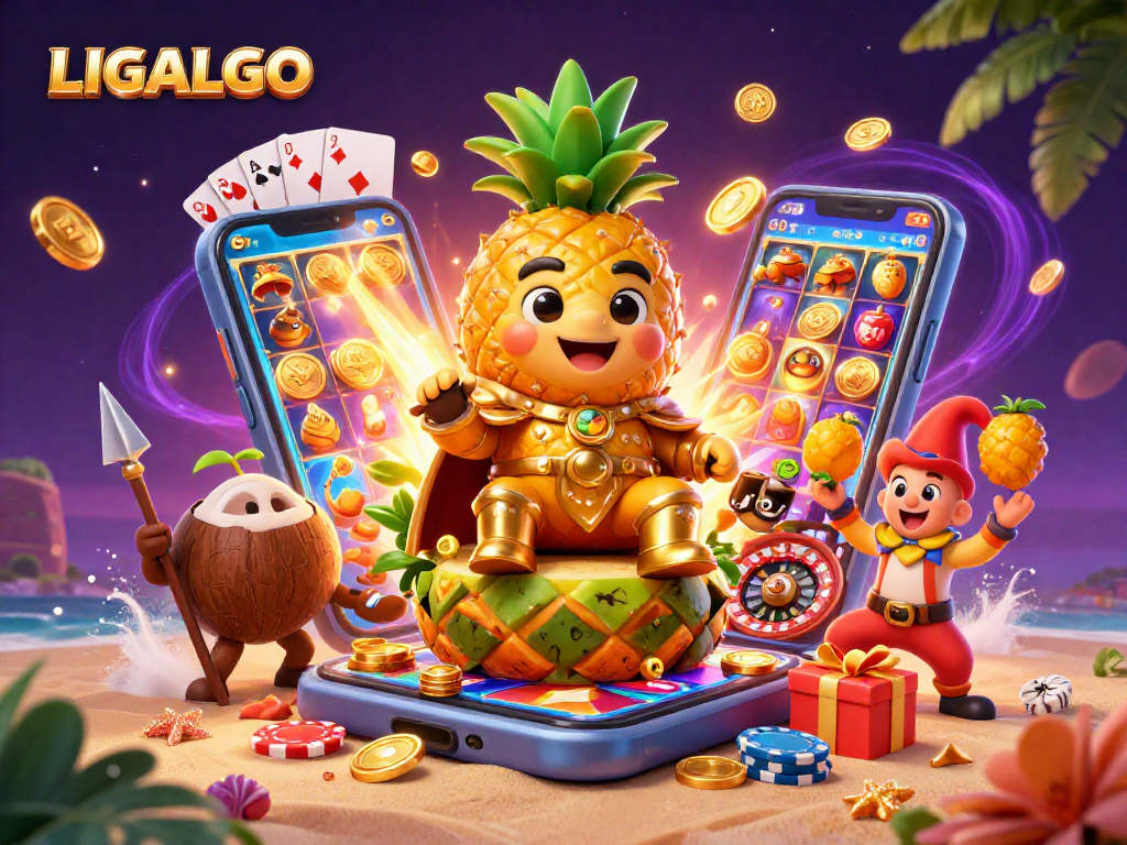 LIGALGO showcases vibrant casino elements with a pineapple king, coconut guards, and jester in a tropical setting.