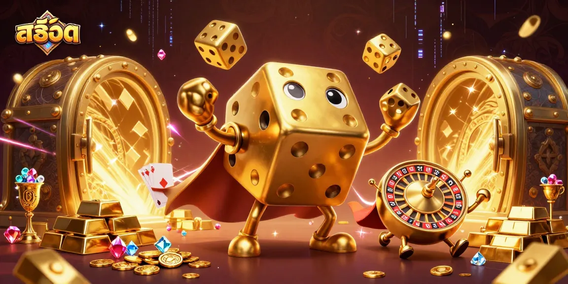 Engage with สล็อต in an exciting casino-themed scene featuring golden dice golem and treasure elements.