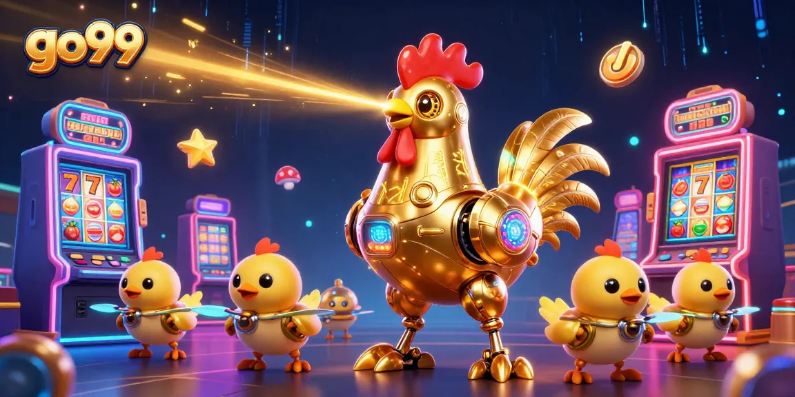 Engage in the thrilling world of go99 with a vibrant 3D casino illustration featuring golden rooster robot and baby chick drones.