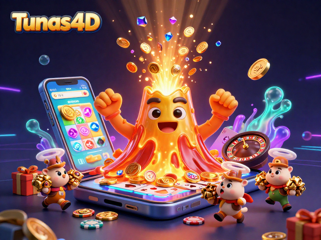 Tunas4D showcases a triumphant golden volcano erupting gems, enriching players' lotto experience.