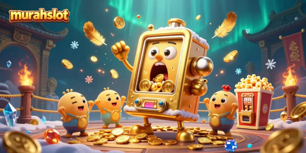 Engage with murahslot's stunning jackpot celebration featuring a joyful slot machine and coins cascading.