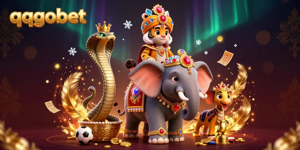Engage in thrilling sports betting with qqgobet, featuring an ornate tiger and jewel-encrusted elephant.