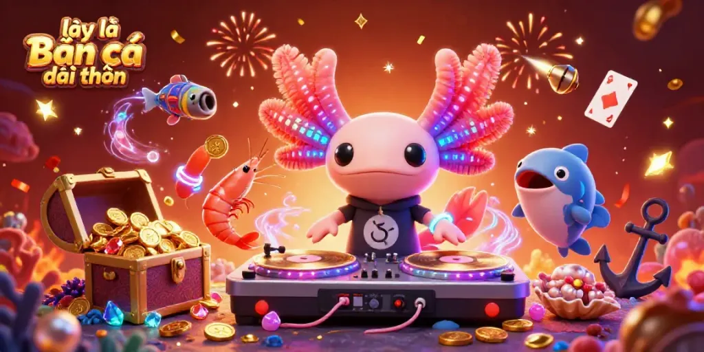 Engaging scene of lại là Bắn cá đổi thưởng with a DJ axolotl surrounded by lively shrimp and blowfish, enriching the fish shooting game.