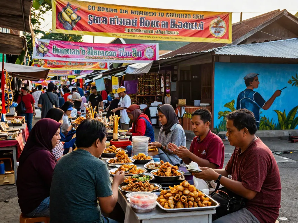 Pasar budaya Cirebontoto yang ramai panas dengan penjual lokal memperlihatkan kerajinan dan kuliner tradisional.