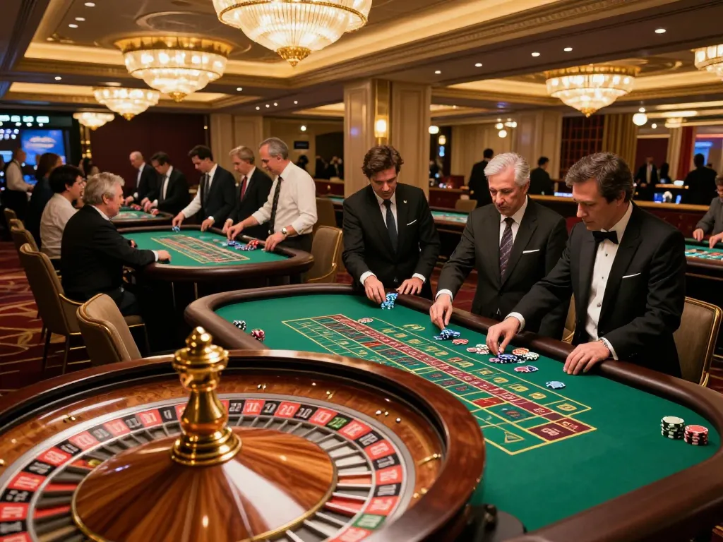 ZEUS222 players engaging in high-stakes roulette at a luxurious casino floor with vibrant decor.