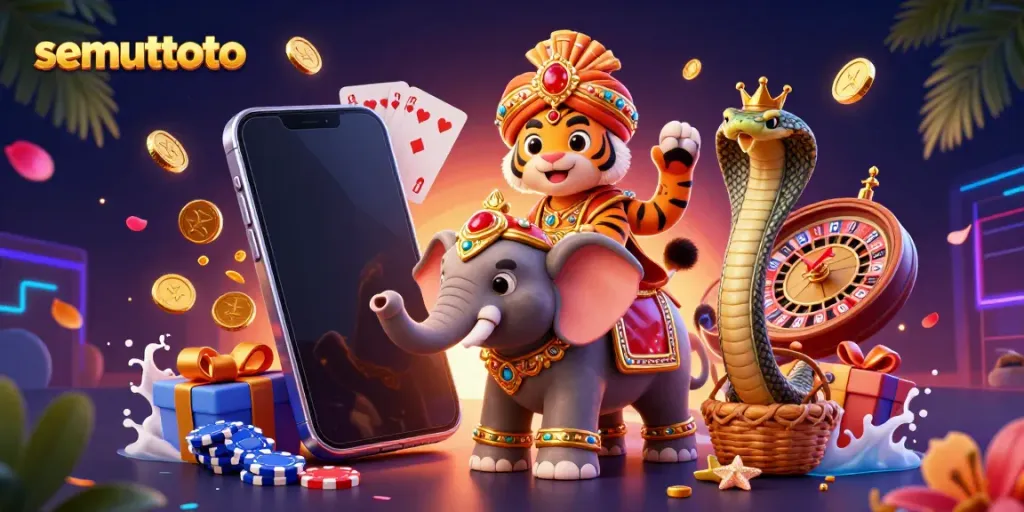 Semuttoto menyenangkan dengan macan maharaja dan gajah yang mempesona dalam permainan slot kasino.