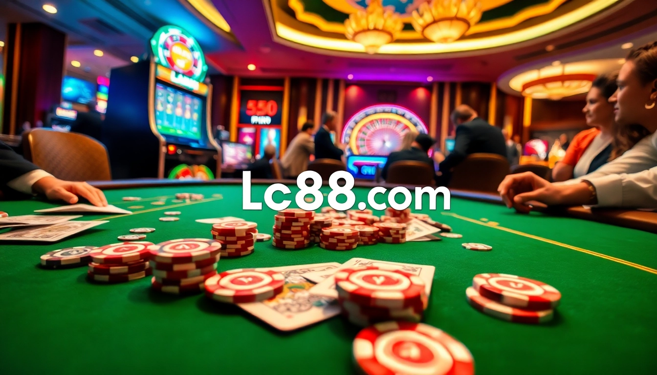 Engage in thrilling gameplay at lc88 com with vibrant casino elements like poker tables and slot machines.