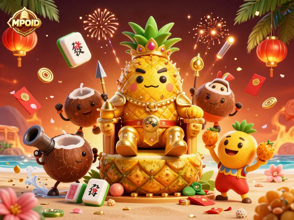 MPOID engages players with an exciting beach casino scene featuring a pineapple king and dynamic gaming elements.