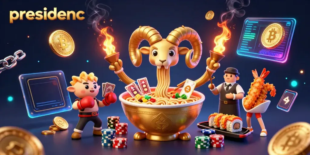 Experience exciting moments with presidencc in a vibrant casino scene with animated characters and crypto elements.