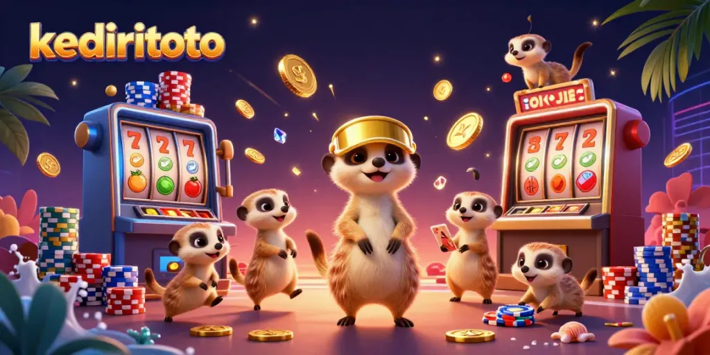 Experience thrilling gaming with kediritoto's meerkat casino in vibrant 3D illustration, full of excitement and winning chances.