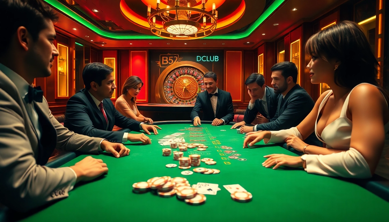 Exciting poker game at B52 Club with vibrant chips, engaging players, and a stylish casino atmosphere.