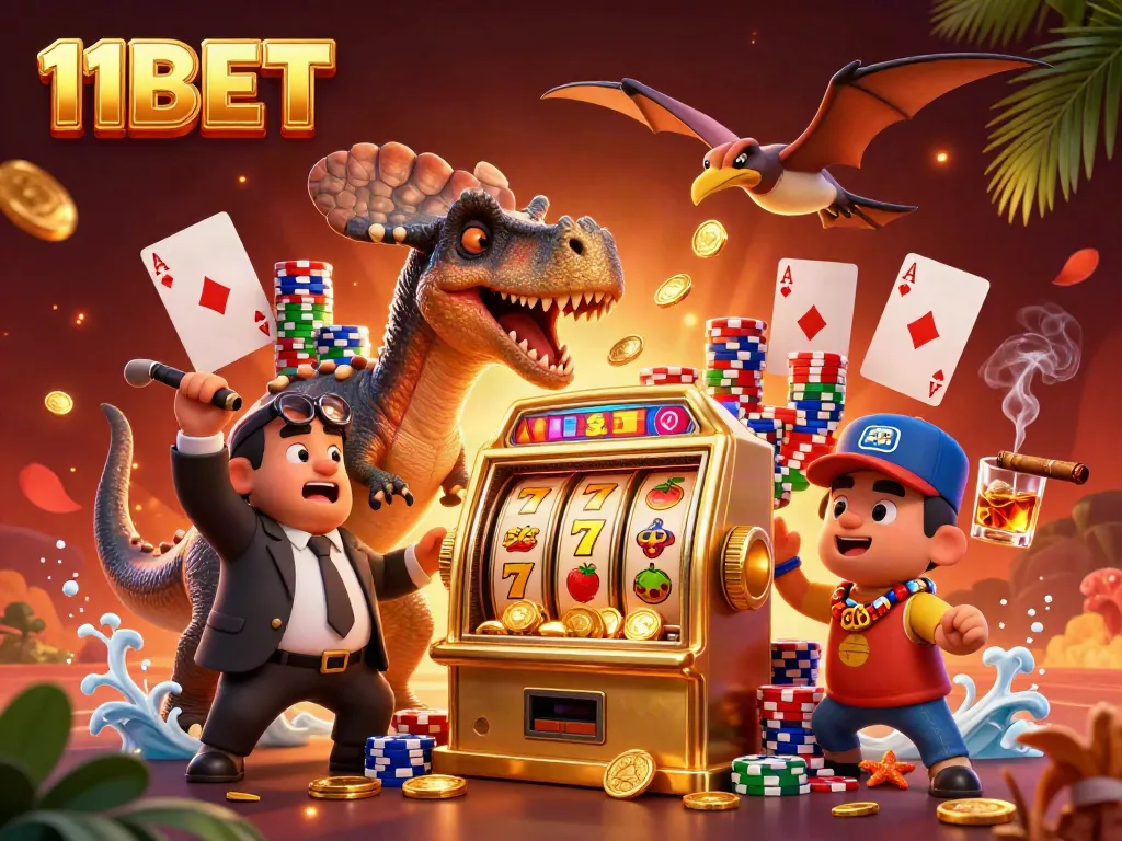 11BET themed illustration of a pachycephalosaurus winning jackpots with golden slots