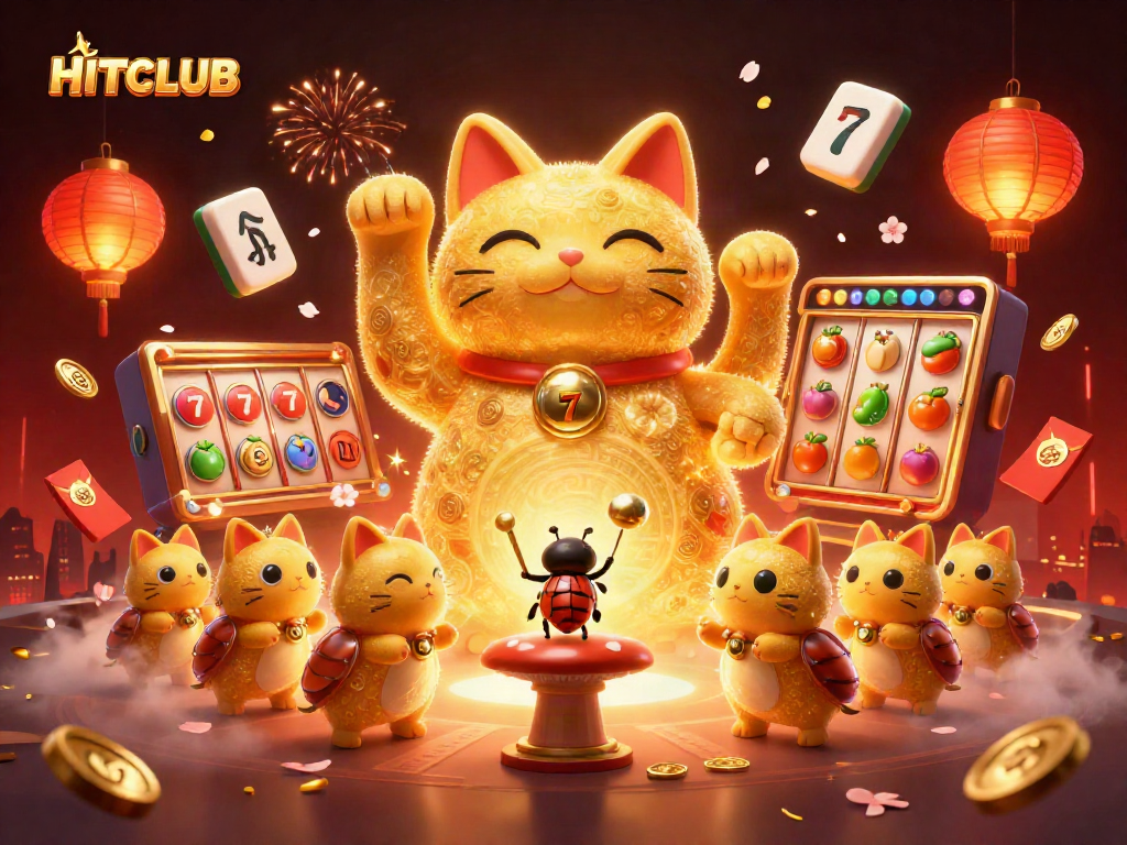 Engage with HITCLUB's vibrant casino experience featuring a lucky cat and festive symbols.