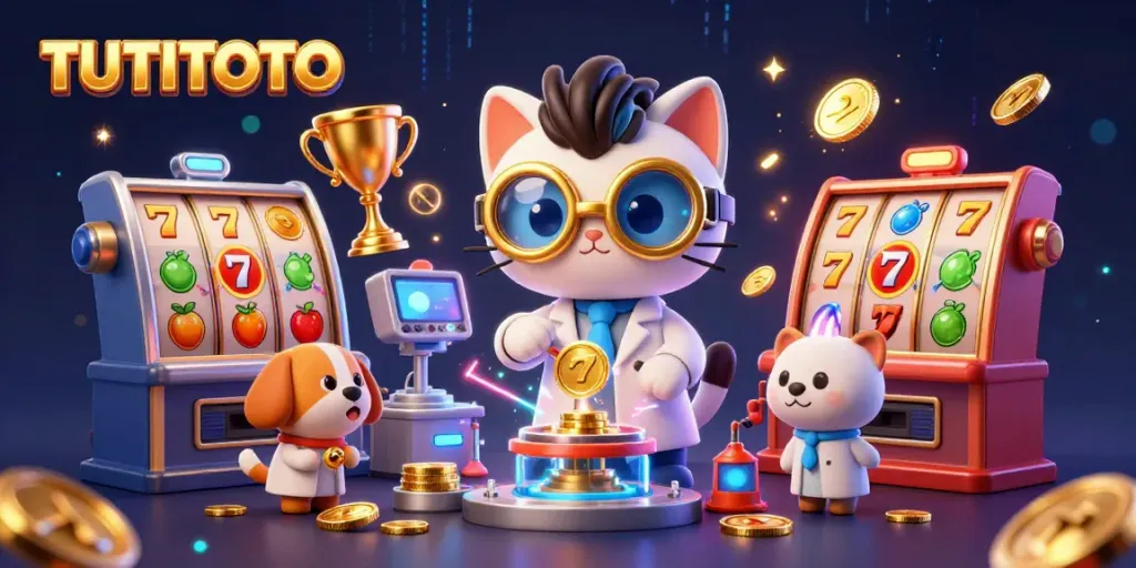 TUTITOTO showcases a cartoon scientist and assistant creating a gold-coin replicator in a lively casino scene.