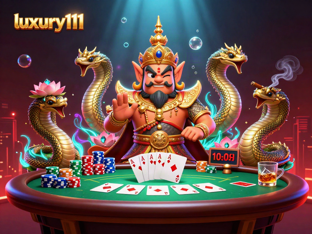 luxury111 offers thrilling poker action with a vibrant guardian and Naga companions in a dynamic casino scene