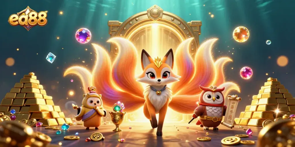 ea88 captivating casino illustration featuring a magical nine-tailed fox and gilded treasures