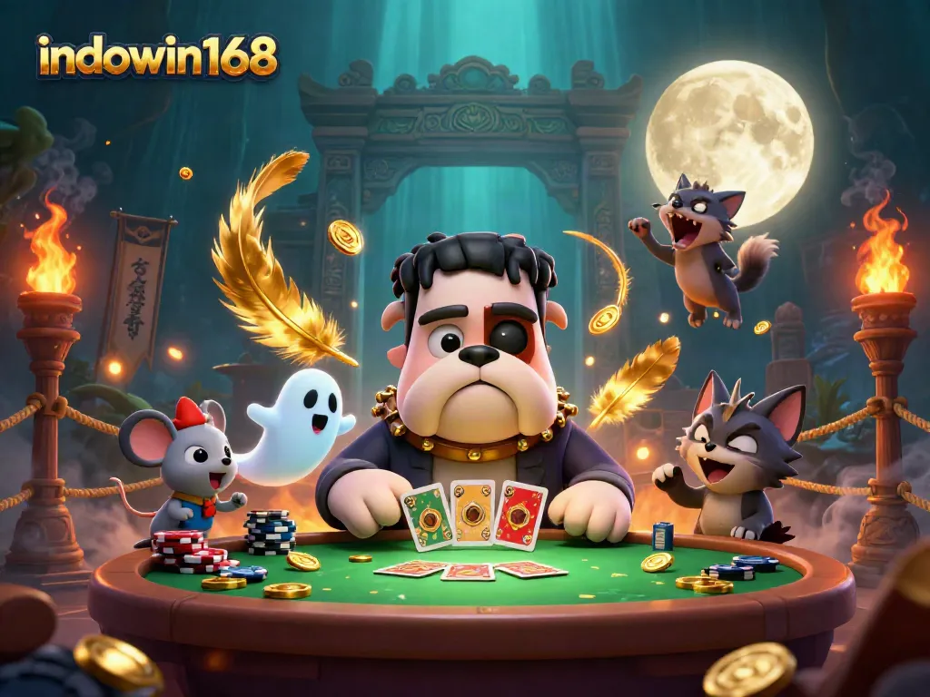 Indowin168 engages players with a thrilling card game scene featuring unique 3D characters.