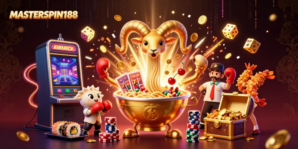 Experience the excitement of MASTERSPIN188 with a vibrant 3D casino illustration featuring slot machines and characters.