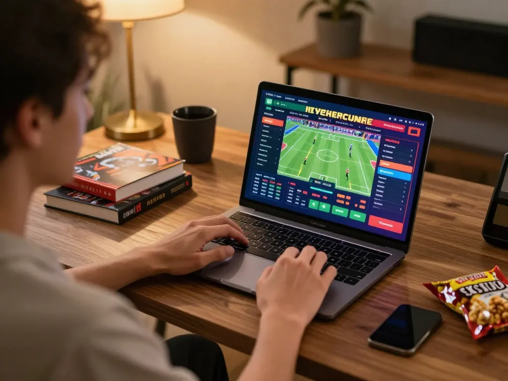 Kuwin user placing bets on a laptop during an exciting online casino gaming session in a cozy setup