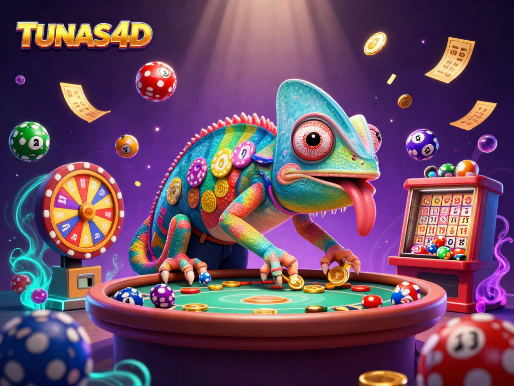 Experience casino thrills with TUNAS4D as a cartoon chameleon owner showcases lively slot elements.