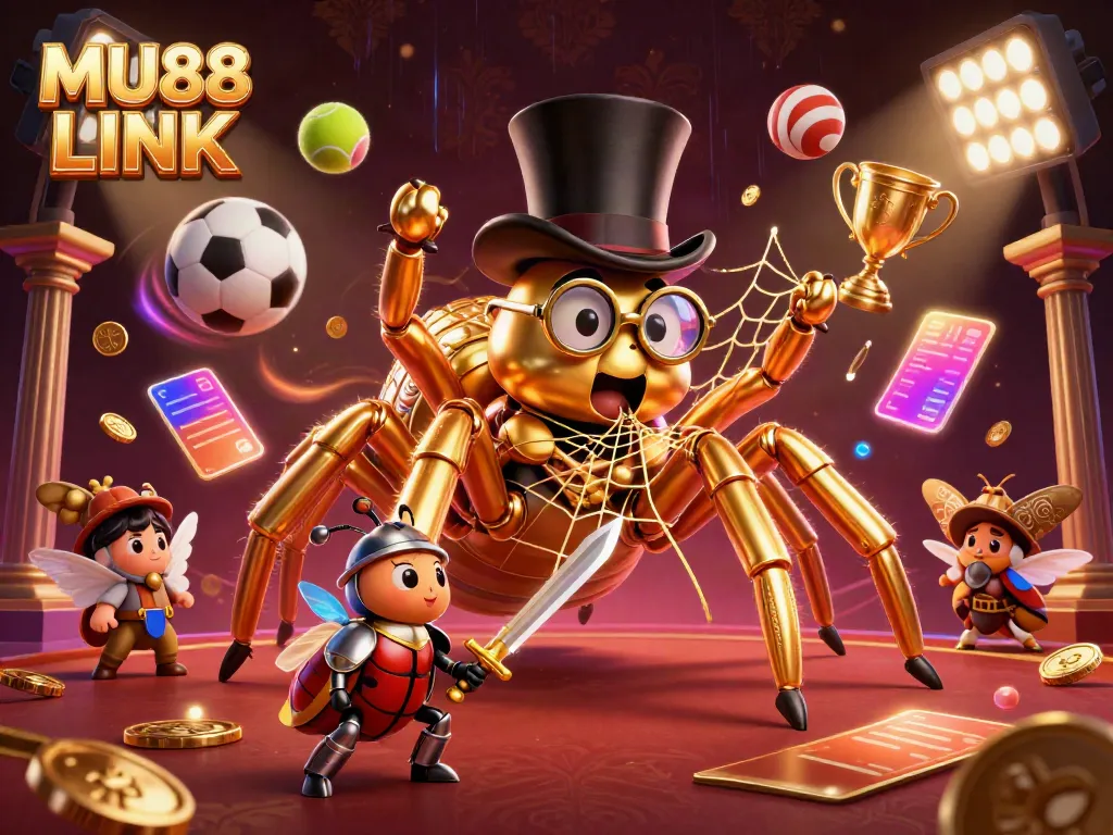 Engage with the MU88 LINK experience through dynamic gambling elements and characters in a vibrant casino setting.