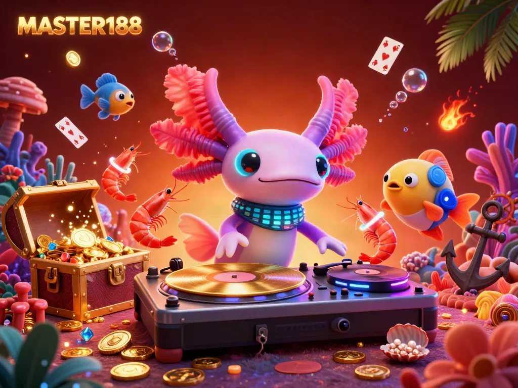 Experience the vibrant gaming world of MASTER188 with a lively DJ axolotl and friends in a fun casino scene.