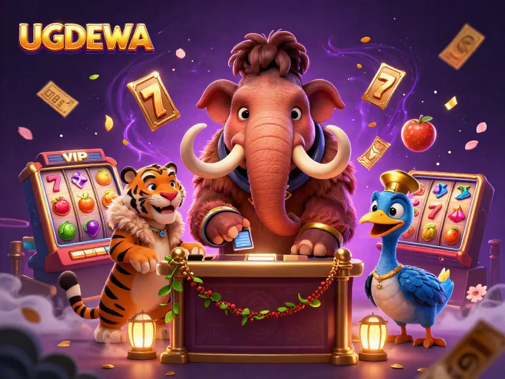 Engage with UGDEWA’s vibrant 3D casino scene featuring a mammoth bouncer and thrilling slot action.